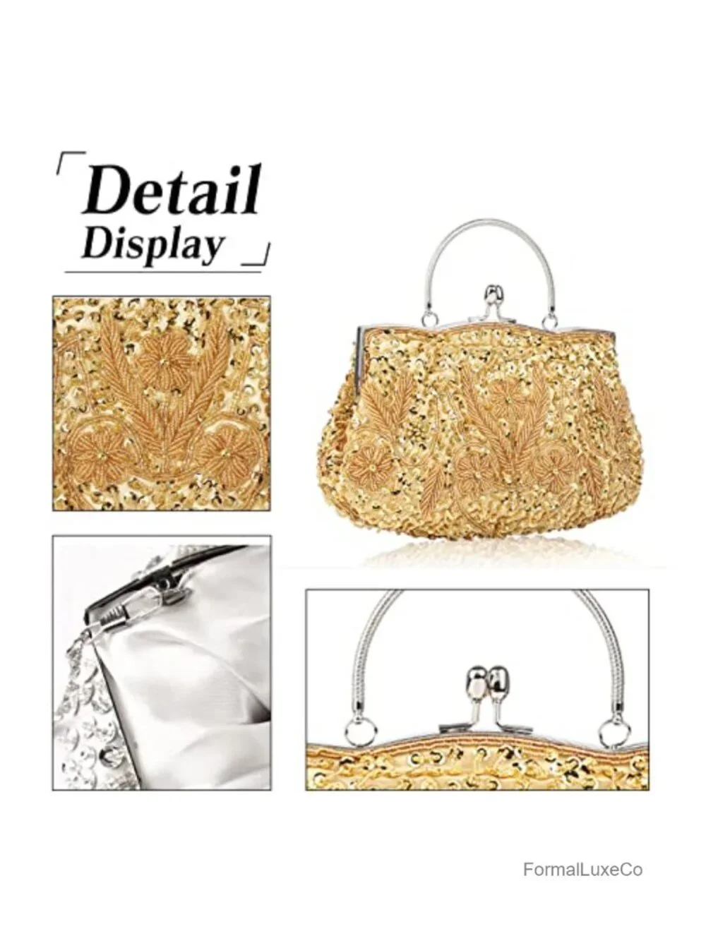 Vintage Sequin Beaded Evening Clutch Bag with Chain Bridal Purse